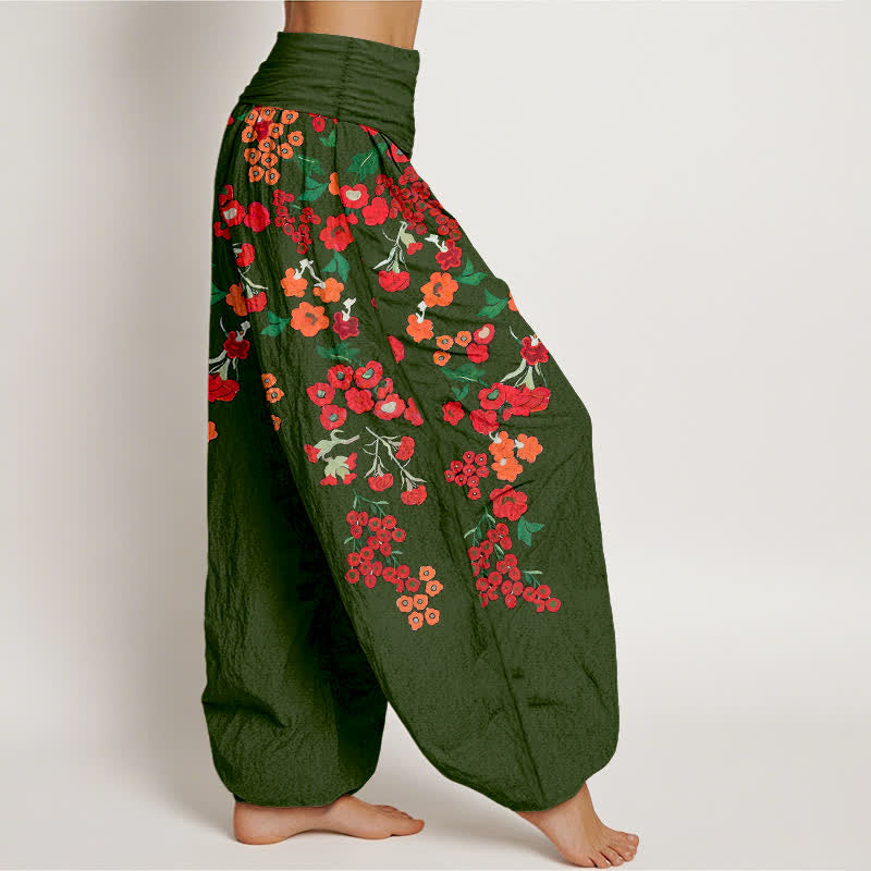 Buddha Stones Baumwoll-Haremshose mit rotem, geblümtem Boho-Muster und elastischem Bund für Damen - image 10
