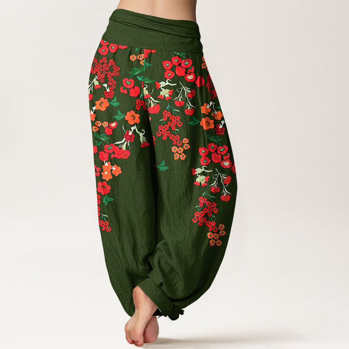 Buddha Stones Baumwoll-Haremshose mit rotem, geblümtem Boho-Muster und elastischem Bund für Damen - image 9