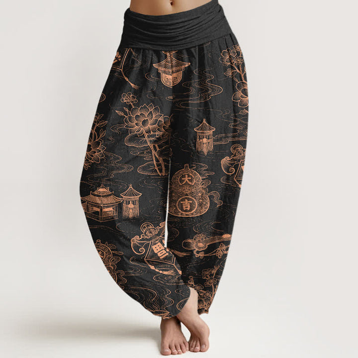 Buddha Stones Baumwoll-Haremshose mit Lotus-Pavillon-Kürbismuster und elastischem Bund für Damen - Schwarz - US16, UK/AU20, EU48 (3XL) - image 0