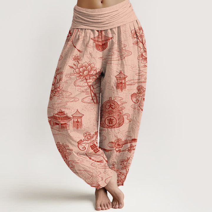 Buddha Stones Baumwoll-Haremshose mit Lotus-Pavillon-Kürbismuster und elastischem Bund für Damen - Pfirsichpuff - US16, UK/AU20, EU48 (3XL) - image 5