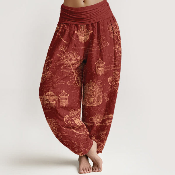 Buddha Stones Baumwoll-Haremshose mit Lotus-Pavillon-Kürbismuster und elastischem Bund für Damen - Feuerfestziegel - US16, UK/AU20, EU48 (3XL) - image 8