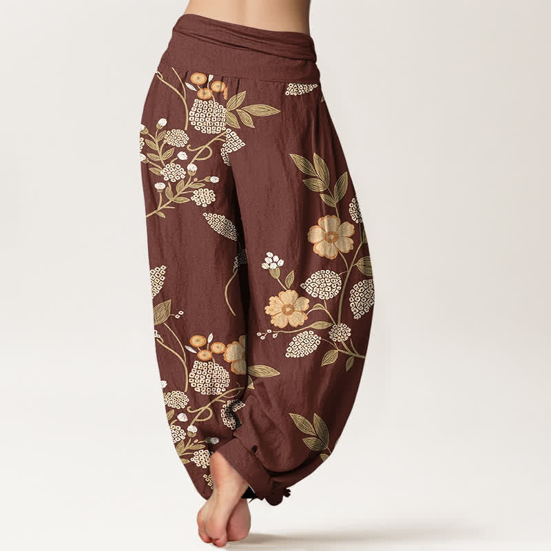 Buddha Stones Damen-Haremshose aus reiner Baumwolle mit Vintage-Blumen- und Blättermuster, elastischem Bund - image 1