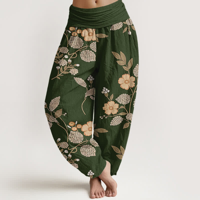Buddha Stones Damen-Haremshose aus reiner Baumwolle mit Vintage-Blumen- und Blättermuster, elastischem Bund - Dunkelolivgrün - US16, UK/AU20, EU48 (3XL) - image 5