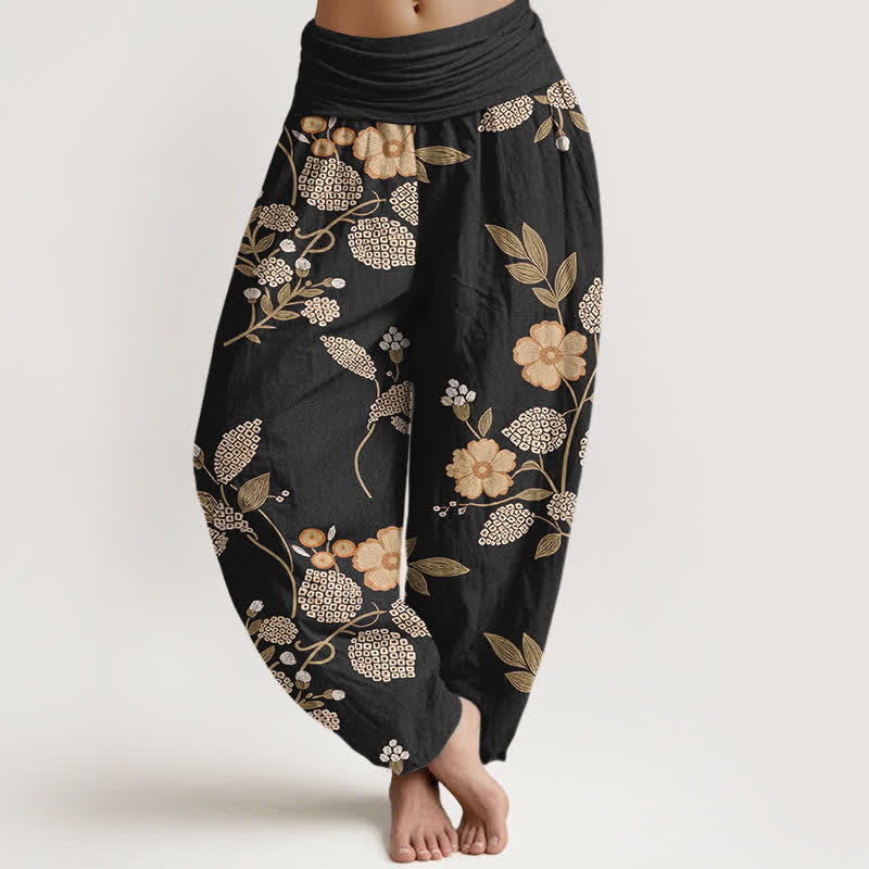 Buddha Stones Damen-Haremshose aus reiner Baumwolle mit Vintage-Blumen- und Blättermuster, elastischem Bund - Schwarz - US16, UK/AU20, EU48 (3XL) - image 8