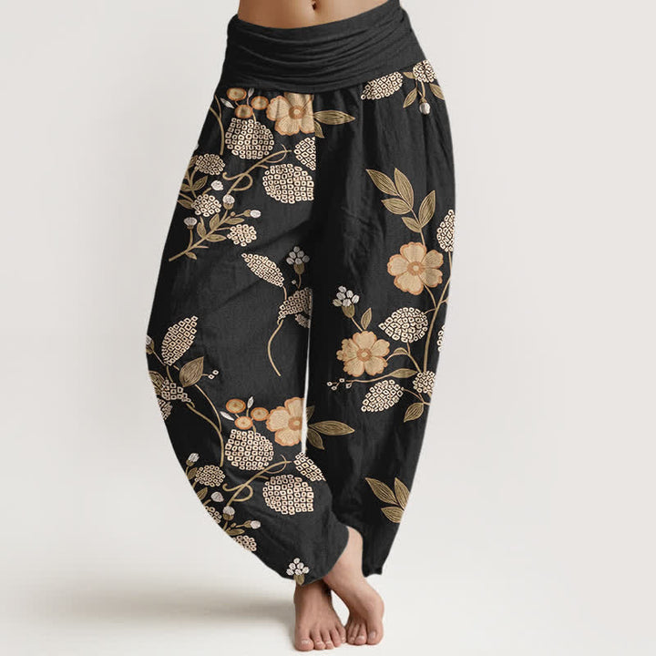Buddha Stones Damen-Haremshose aus reiner Baumwolle mit Vintage-Blumen- und Blättermuster, elastischem Bund - Schwarz - US16, UK/AU20, EU48 (3XL) - image 8