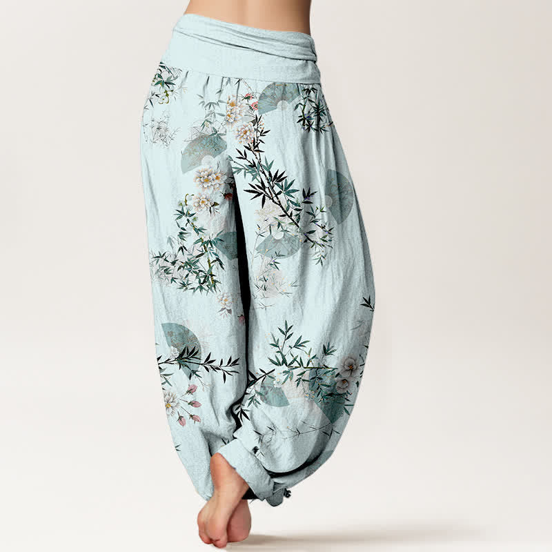 Buddha Stones Haremshose aus Baumwolle mit Bambusblüten-Fächermuster und elastischem Bund für Damen - image 1