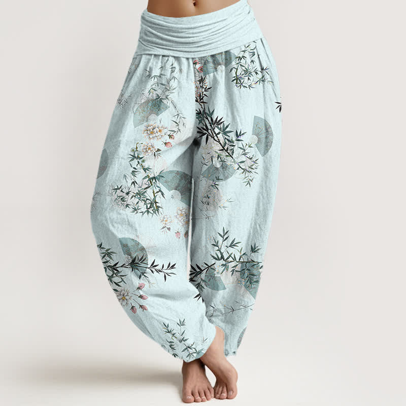 Buddha Stones Haremshose aus Baumwolle mit Bambusblüten-Fächermuster und elastischem Bund für Damen - Helltürkis - US16, UK/AU20, EU48 (3XL) - image 0