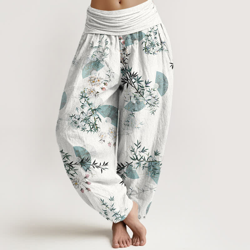Buddha Stones Haremshose aus Baumwolle mit Bambusblüten-Fächermuster und elastischem Bund für Damen - Weiß - US16, UK/AU20, EU48 (3XL) - image 5