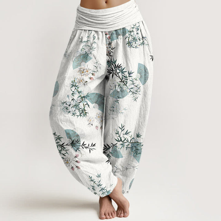 Buddha Stones Haremshose aus Baumwolle mit Bambusblüten-Fächermuster und elastischem Bund für Damen - Weiß - US16, UK/AU20, EU48 (3XL) - image 5