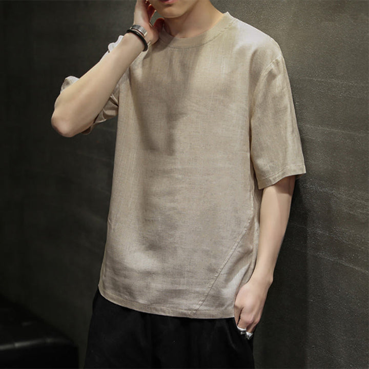 Buddha Stones Lässiges, minimalistisches Kurzarm-T-Shirt aus Leinen für Herren mit Rundhalsausschnitt – perfekt für den Sommer - image 4