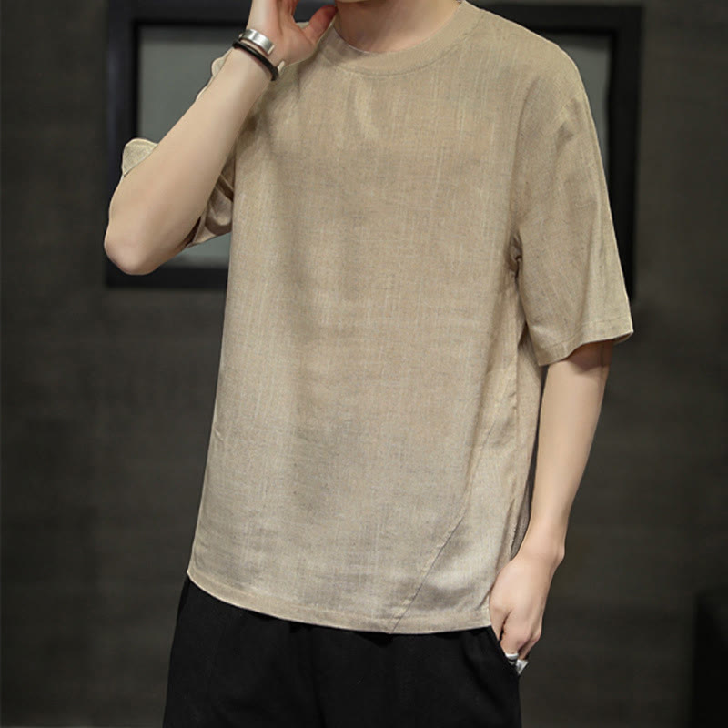 Buddha Stones Lässiges, minimalistisches Kurzarm-T-Shirt aus Leinen für Herren mit Rundhalsausschnitt – perfekt für den Sommer - image 1