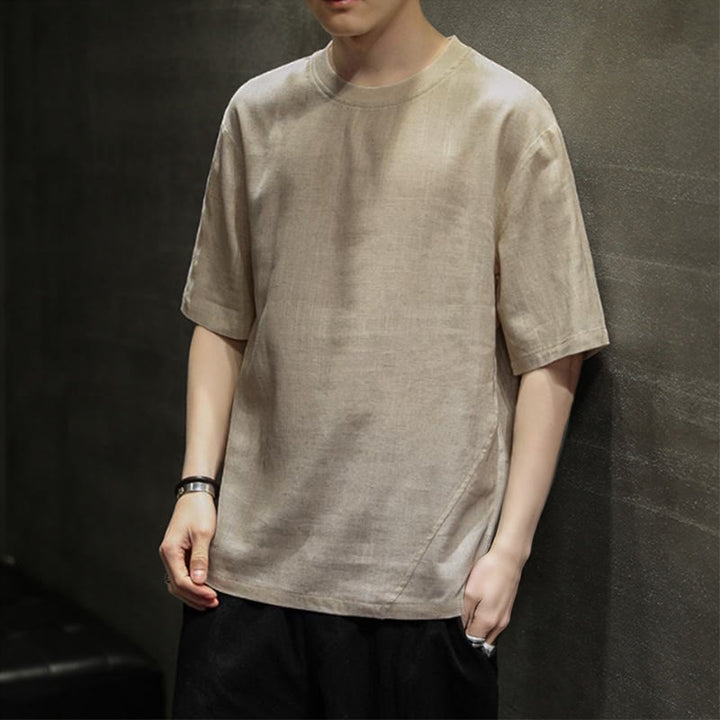 Buddha Stones Lässiges, minimalistisches Kurzarm-T-Shirt aus Leinen für Herren mit Rundhalsausschnitt – perfekt für den Sommer - image 2