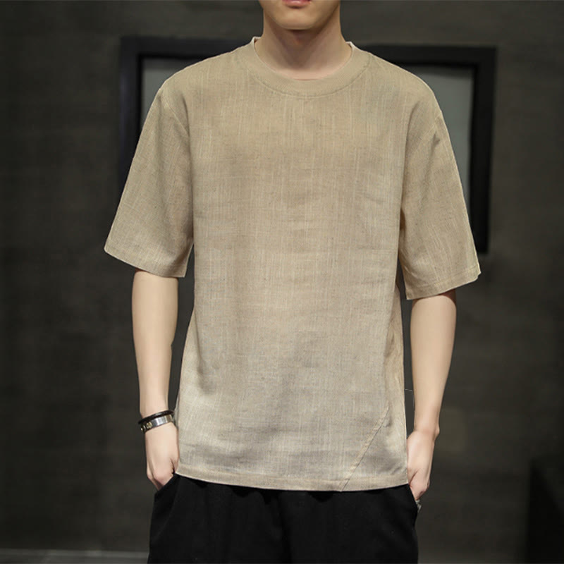 Buddha Stones Lässiges, minimalistisches Kurzarm-T-Shirt aus Leinen für Herren mit Rundhalsausschnitt – perfekt für den Sommer - Bräunen - US/UK/AU46, EU56 (5XL) - image 0