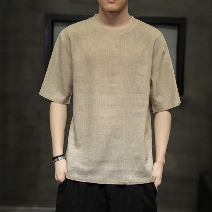 Buddha Stones Lässiges, minimalistisches Kurzarm-T-Shirt aus Leinen für Herren mit Rundhalsausschnitt – perfekt für den Sommer - Bräunen - US/UK/AU46, EU56 (5XL) - image 0