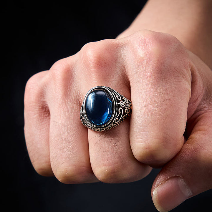 Buddha Stones Verstellbarer Ring aus blauem Chalcedon und Kupfer mit Optimismus-Motiv - image 4