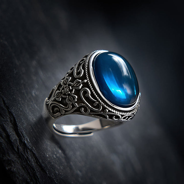Buddha Stones Verstellbarer Ring aus blauem Chalcedon und Kupfer mit Optimismus-Motiv - image 1