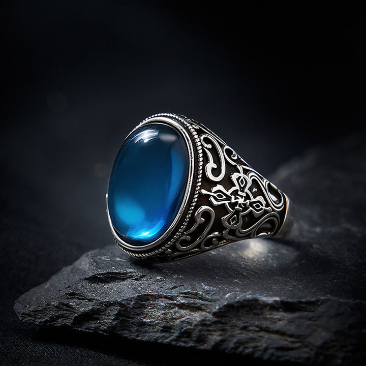 Buddha Stones Verstellbarer Ring aus blauem Chalcedon und Kupfer mit Optimismus-Motiv - image 2