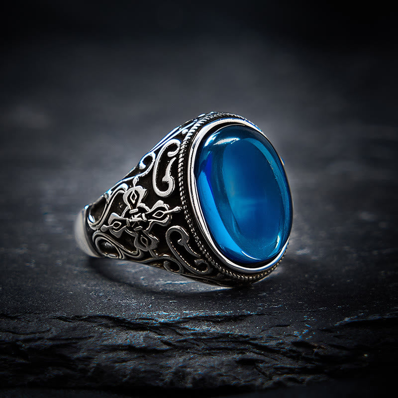 Buddha Stones Verstellbarer Ring aus blauem Chalcedon und Kupfer mit Optimismus-Motiv - Blauer Chalcedon (Kommunikation ♥ Ausdauer) - image 0