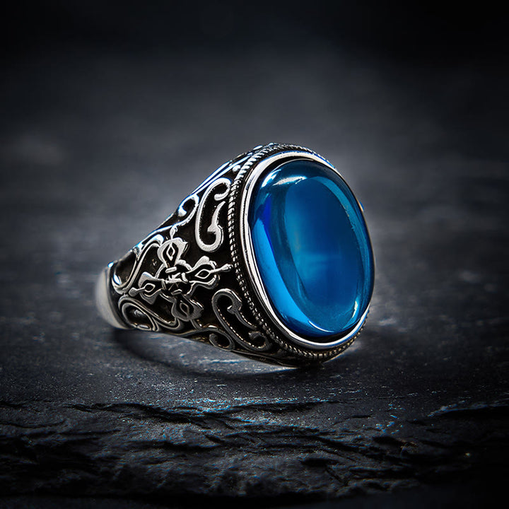 Buddha Stones Verstellbarer Ring aus blauem Chalcedon und Kupfer mit Optimismus-Motiv - Blauer Chalcedon (Kommunikation ♥ Ausdauer) - image 0