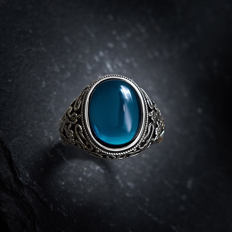Buddha Stones Verstellbarer Ring aus blauem Chalcedon und Kupfer mit Optimismus-Motiv - image 3