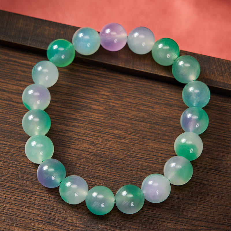 Buddha Stones Armband aus weißem Chalcedon mit emotionalem Gleichgewicht und blauen floralen Elementen, runden Perlen - image 8