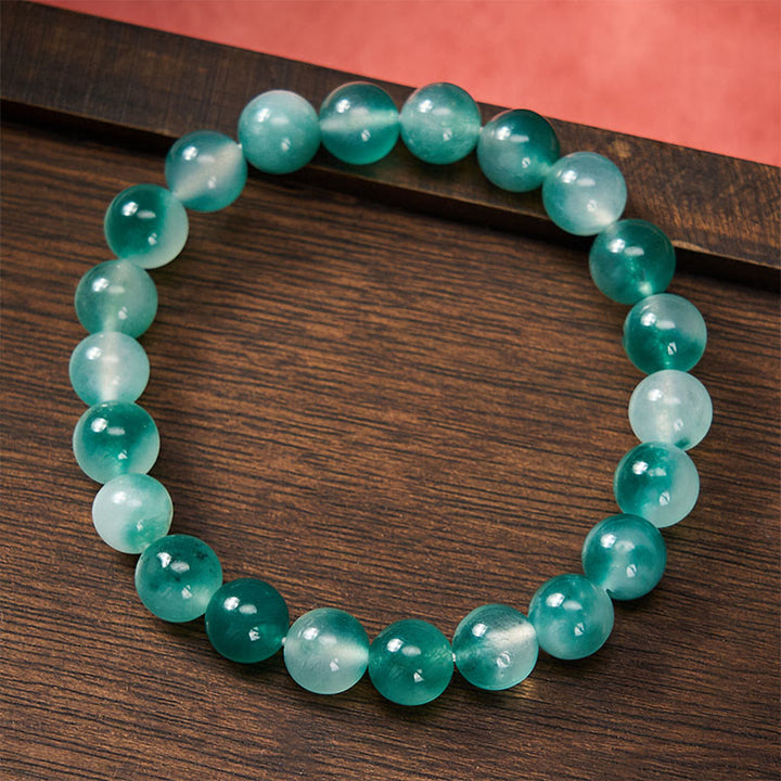 Buddha Stones Armband aus weißem Chalcedon mit emotionalem Gleichgewicht und blauen floralen Elementen, runden Perlen - image 2