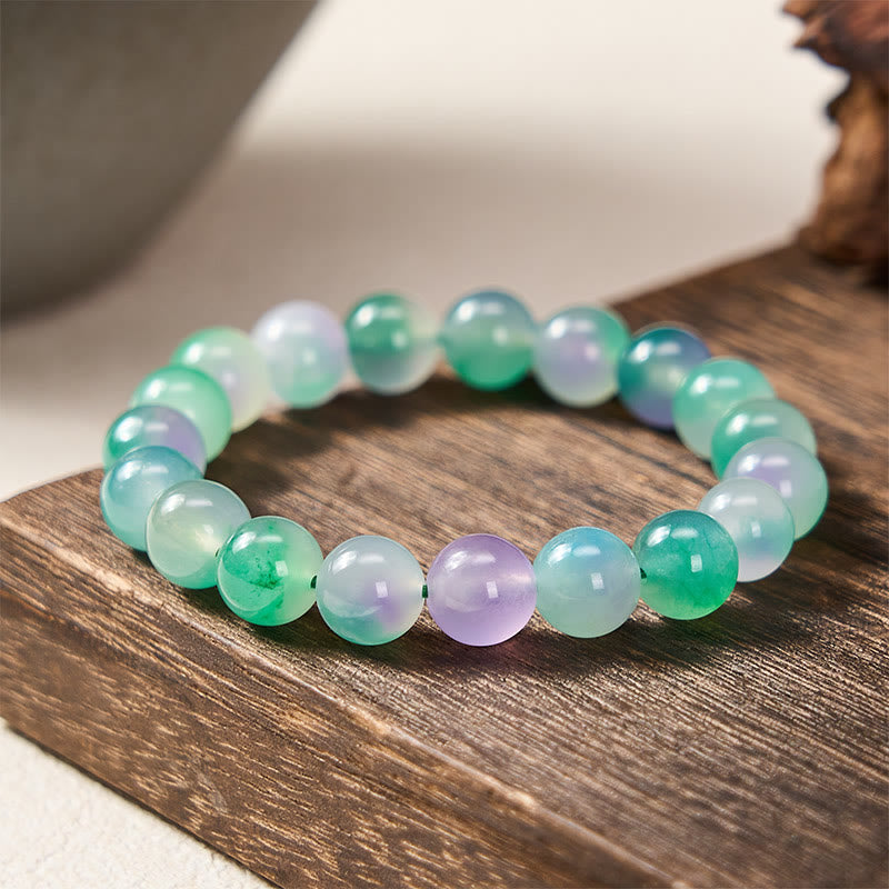 Buddha Stones Armband aus weißem Chalcedon mit emotionalem Gleichgewicht und blauen floralen Elementen, runden Perlen - 10 mm - Weißer Chalcedon (Harmonie♥Positiv) - image 6