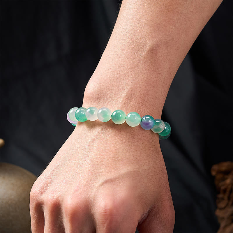 Buddha Stones Armband aus weißem Chalcedon mit emotionalem Gleichgewicht und blauen floralen Elementen, runden Perlen - image 10