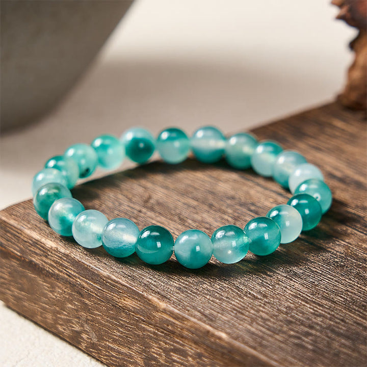 Buddha Stones Armband aus weißem Chalcedon mit emotionalem Gleichgewicht und blauen floralen Elementen, runden Perlen - 8 mm - Weißer Chalcedon (Harmonie♥Positiv) - image 0