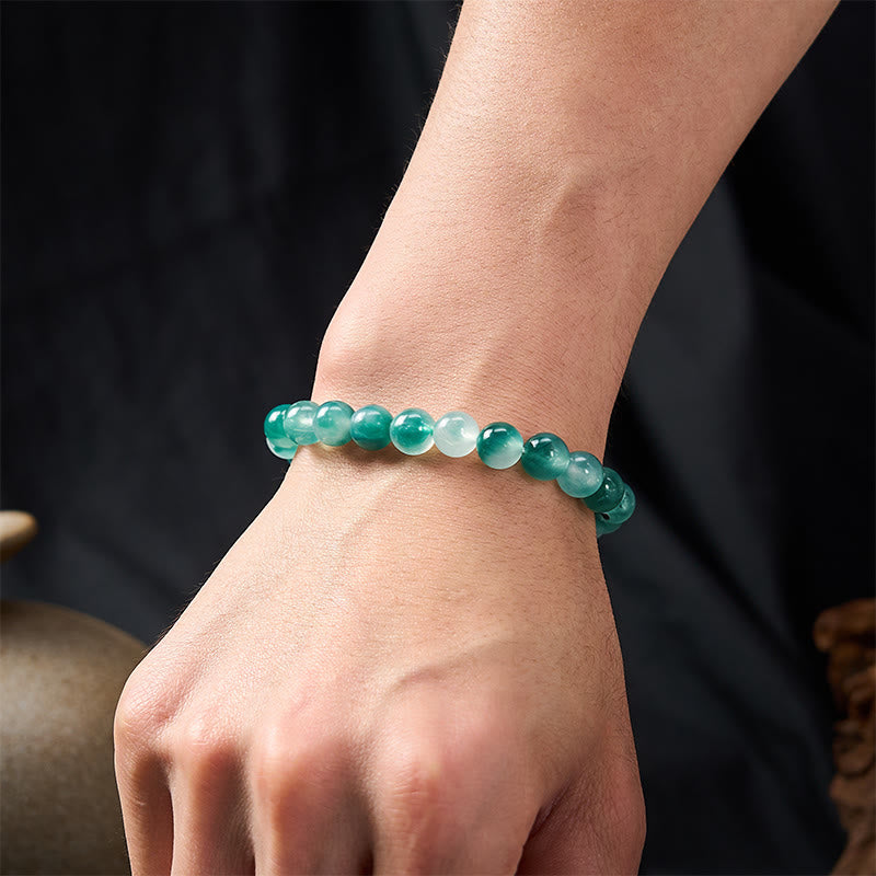 Buddha Stones Armband aus weißem Chalcedon mit emotionalem Gleichgewicht und blauen floralen Elementen, runden Perlen - image 4