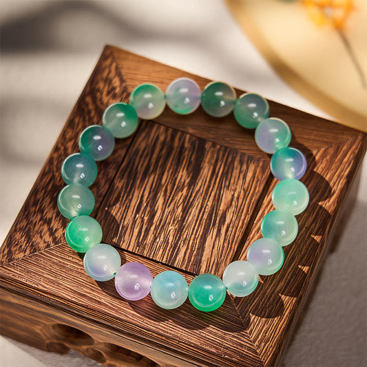 Buddha Stones Armband aus weißem Chalcedon mit emotionalem Gleichgewicht und blauen floralen Elementen, runden Perlen - image 7