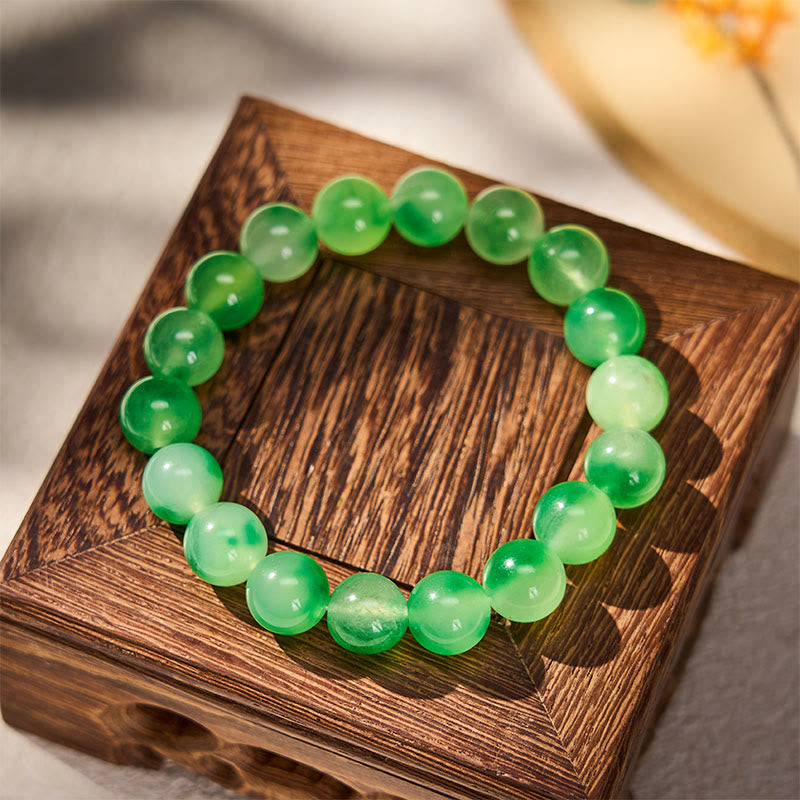 Buddha Stones Armband aus weißen Chalcedon-Perlen mit heilender grüner, schwebender Blume - image 7