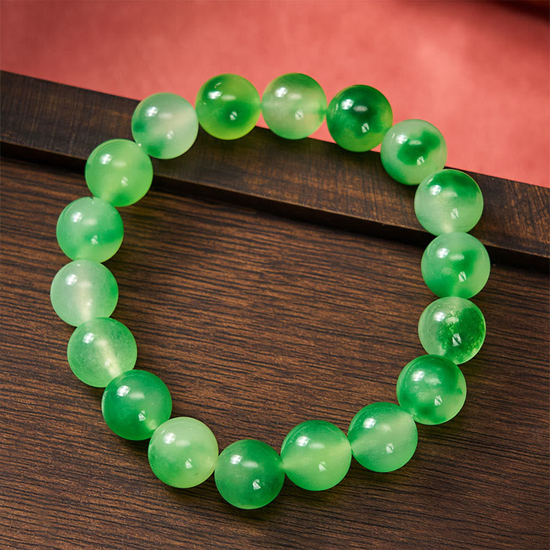 Buddha Stones Armband aus weißen Chalcedon-Perlen mit heilender grüner, schwebender Blume - image 8
