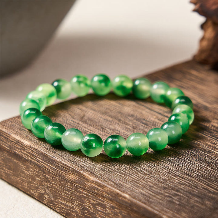 Buddha Stones Armband aus weißen Chalcedon-Perlen mit heilender grüner, schwebender Blume - 8 mm - Weißer Chalcedon (Harmonie♥Positiv) - image 0