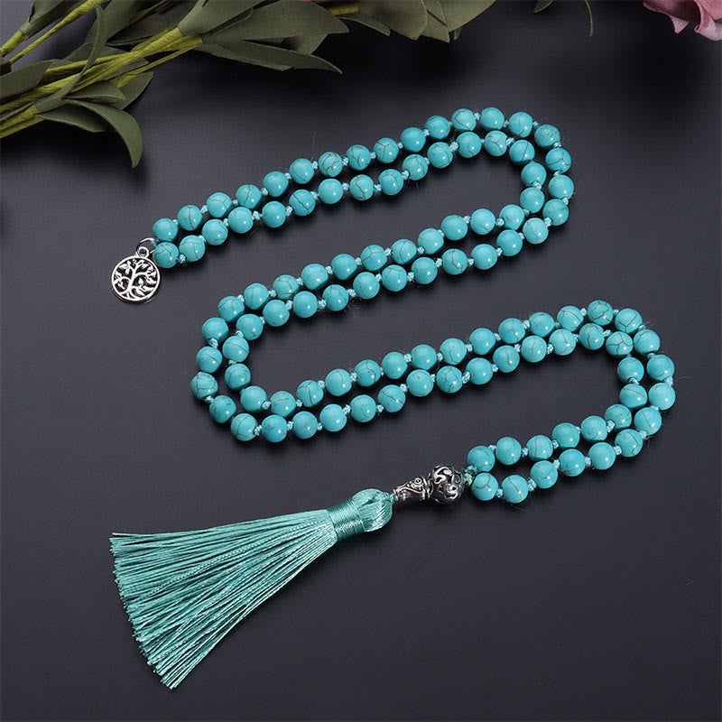 Buddha Stones Türkisfarbene Mala mit Lebensbaum-Symbol und geknoteter Quaste - image 1