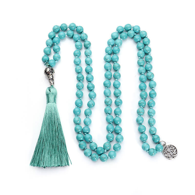 Buddha Stones Türkisfarbene Mala mit Lebensbaum-Symbol und geknoteter Quaste - image 5