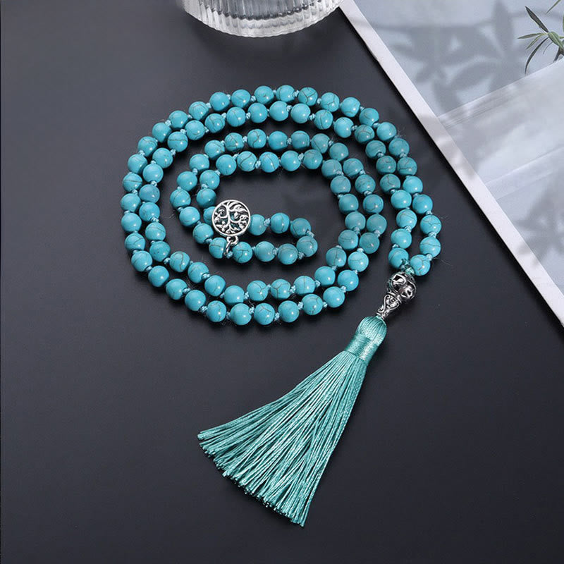 Buddha Stones Türkisfarbene Mala mit Lebensbaum-Symbol und geknoteter Quaste - Türkis (Reinigung ♥ Gelassenheit) - image 0