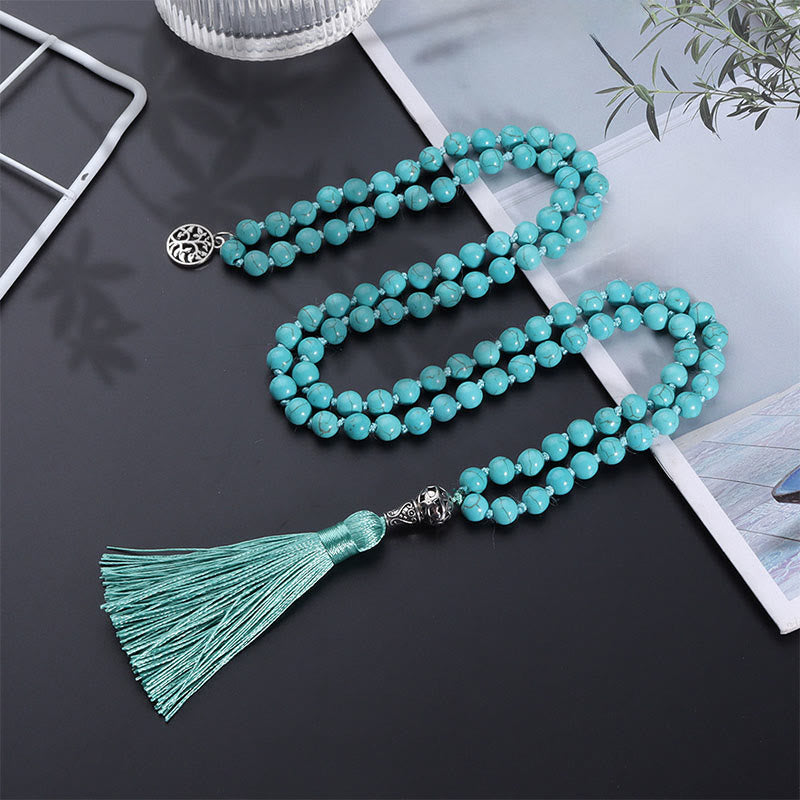 Buddha Stones Türkisfarbene Mala mit Lebensbaum-Symbol und geknoteter Quaste - image 2