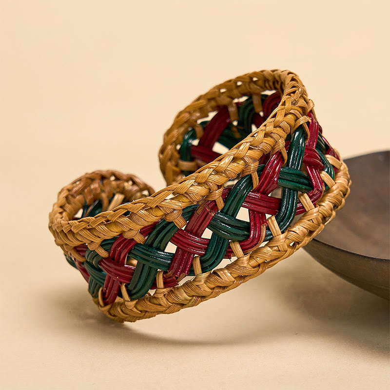 Buddha Stones Natürliches, handgeflochtenes, böhmisches Armband aus Rattan, breit und rund - image 1