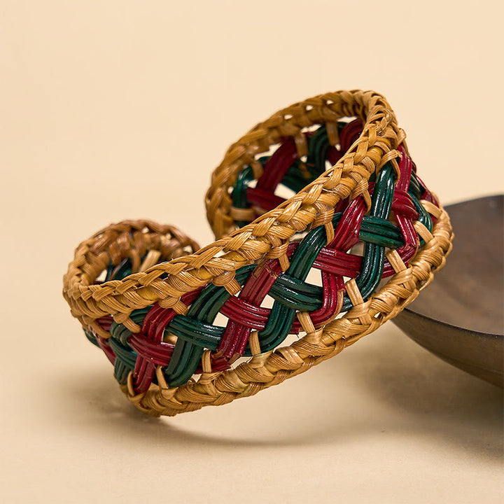 Buddha Stones Natürliches, handgeflochtenes, böhmisches Armband aus Rattan, breit und rund - image 1
