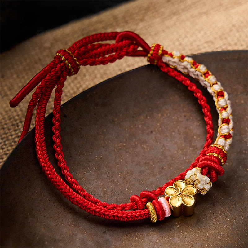 Buddha Stones Handgewebtes, zweilagiges Armband mit Pfirsichblüten-Knotenverbindung - Rot - Mit Pfirsichblüten-Accessoire - image 0