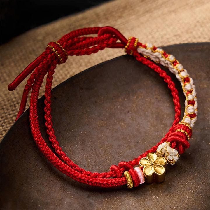 Buddha Stones Handgewebtes, zweilagiges Armband mit Pfirsichblüten-Knotenverbindung - Rot - Mit Pfirsichblüten-Accessoire - image 0