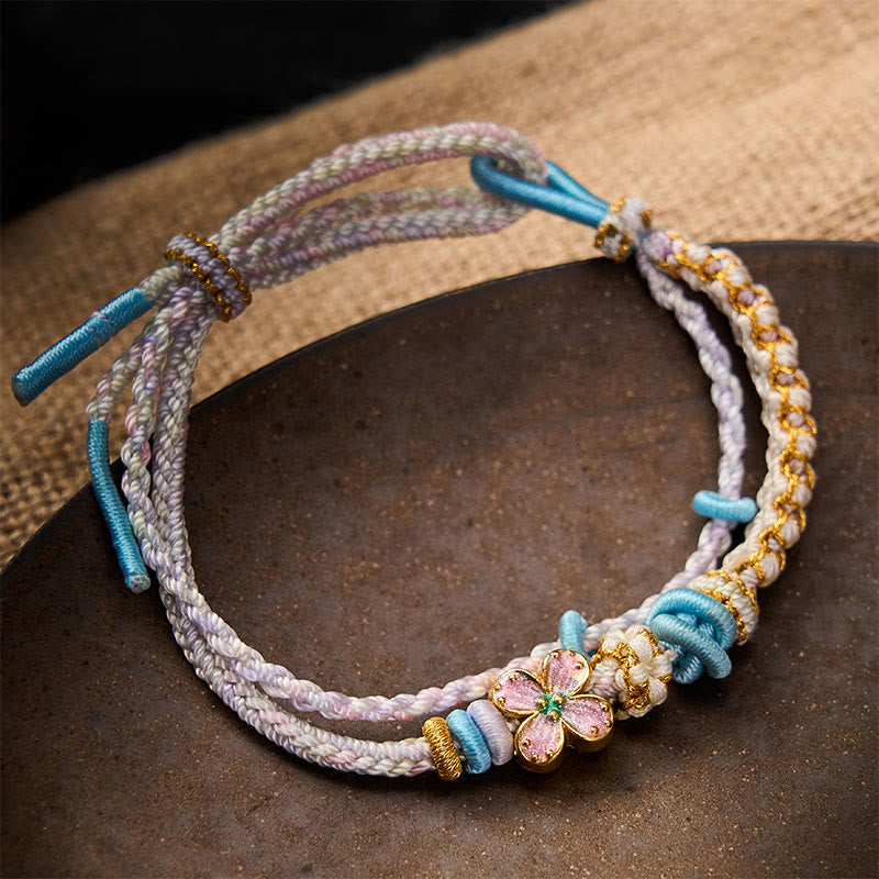 Buddha Stones Handgewebtes, zweilagiges Armband mit Pfirsichblüten-Knotenverbindung - Distel - Mit lila Blumenaccessoire - image 15