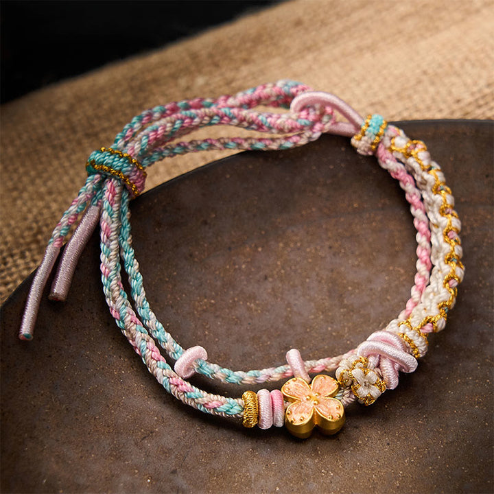 Buddha Stones Handgewebtes, zweilagiges Armband mit Pfirsichblüten-Knotenverbindung - Rosa - Mit rosa Blumenaccessoire - image 8