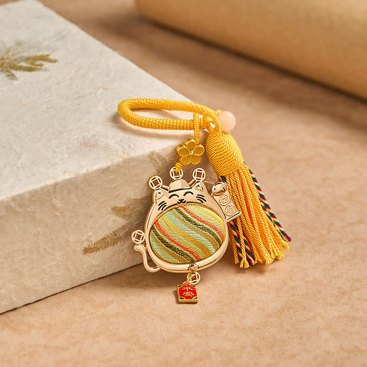 Buddha Stones Song-Brokat-Schlüsselanhänger mit Glückskatze, Quaste und Symbol für Wohlstand - image 3