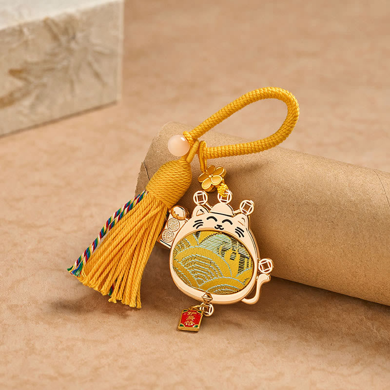 Buddha Stones Song-Brokat-Schlüsselanhänger mit Glückskatze, Quaste und Symbol für Wohlstand - image 2