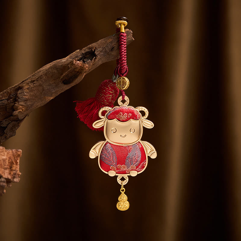 Buddha Stones Song Brocade Handgefertigter Schlüsselanhänger mit chinesischer Tierkreisquaste und Glücksbringermotiv - Ziege - Rot - image 0