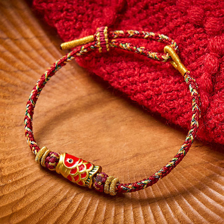 Buddha Stones Handgewebtes rotes Armband mit Koi-Fisch- und Blumenmotiv zum Schutz - Kastanienbraun - Mit Koi-Fisch-Zubehör - image 7