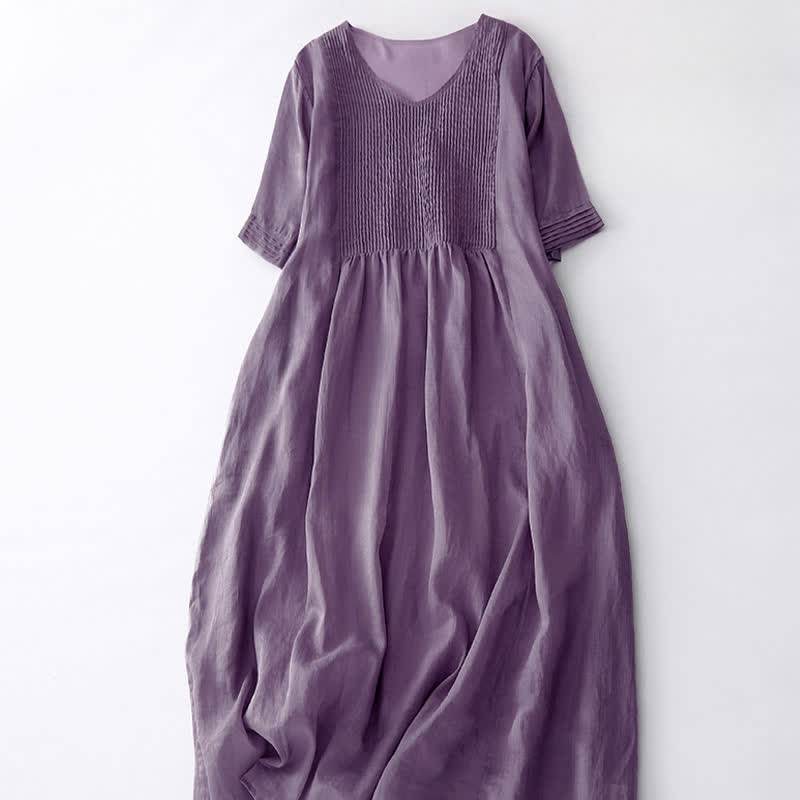 Buddha Stones Lässiges, plissiertes Midikleid mit V-Ausschnitt, kurzen Ärmeln und Taschen - image 2