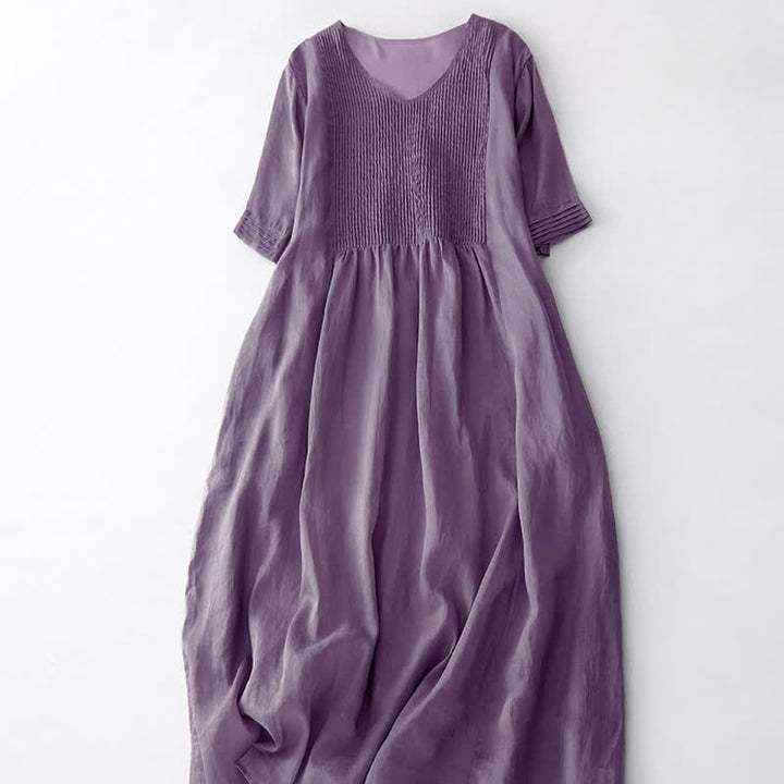 Buddha Stones Lässiges, plissiertes Midikleid mit V-Ausschnitt, kurzen Ärmeln und Taschen - image 2